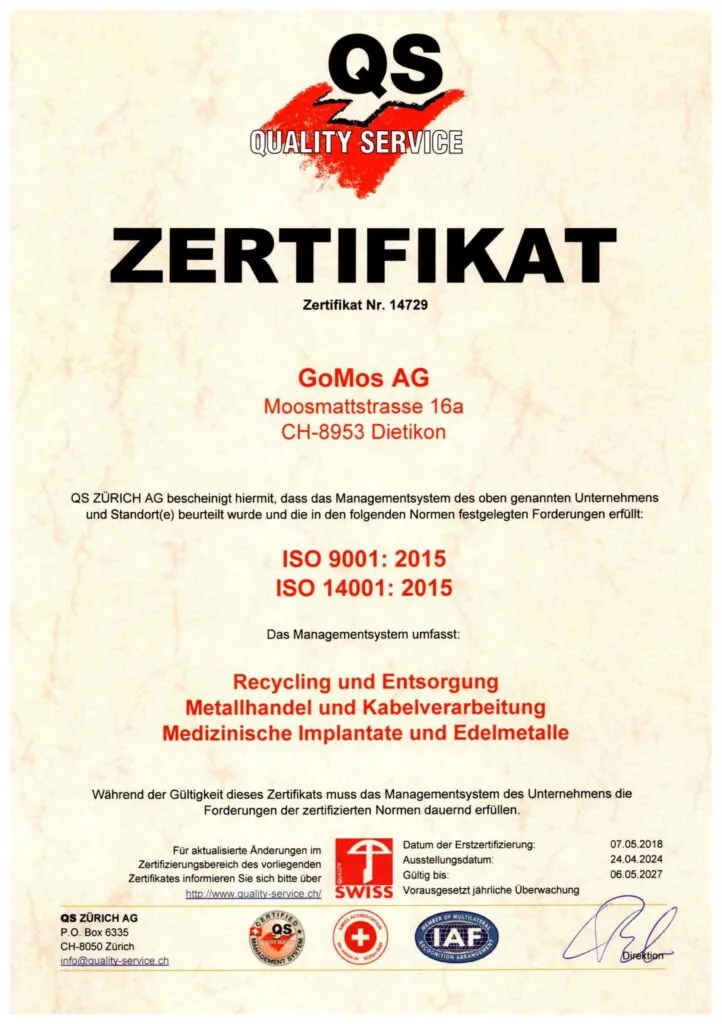 QS-Zertifikat der GoMos AG Dietikon nach ISO 9001:2015 und ISO 14001:2015