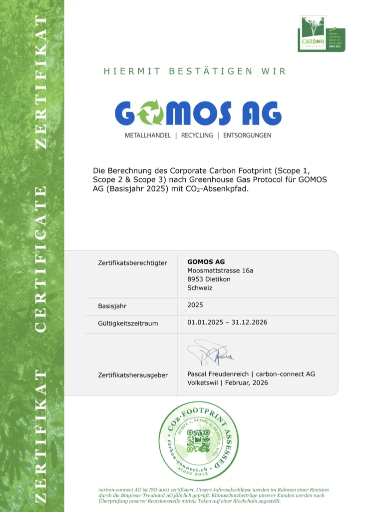 Zertifikat von carbon-connect: CO2-Fussabdruck der Gomos AG (Scope 1–3) mit Absenkpfad, Basisjahr 2025